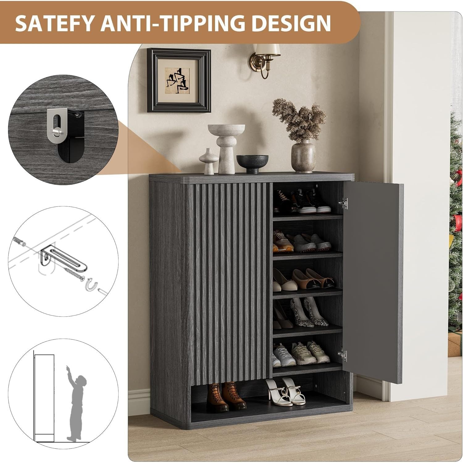 63 Inch Shoe Cabinet, Large Shoe Storage Cabinet with Adjustable Shelves, Shoe Organizer with Fluted Door Holds 50–60 Pairs for Entryway & Living Room, Grey (2 PCS)