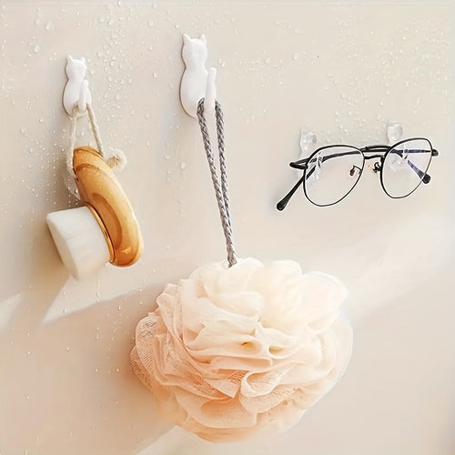 10pcs Cat Tail Sticky Hooks Wall Mounted - Transparent Waterproof No-Drill Adhesive Hooks with Cute Cartoon Cat Design, Space-Saving Organizer for Entryway, Bathroom, Bedroom, Dorm