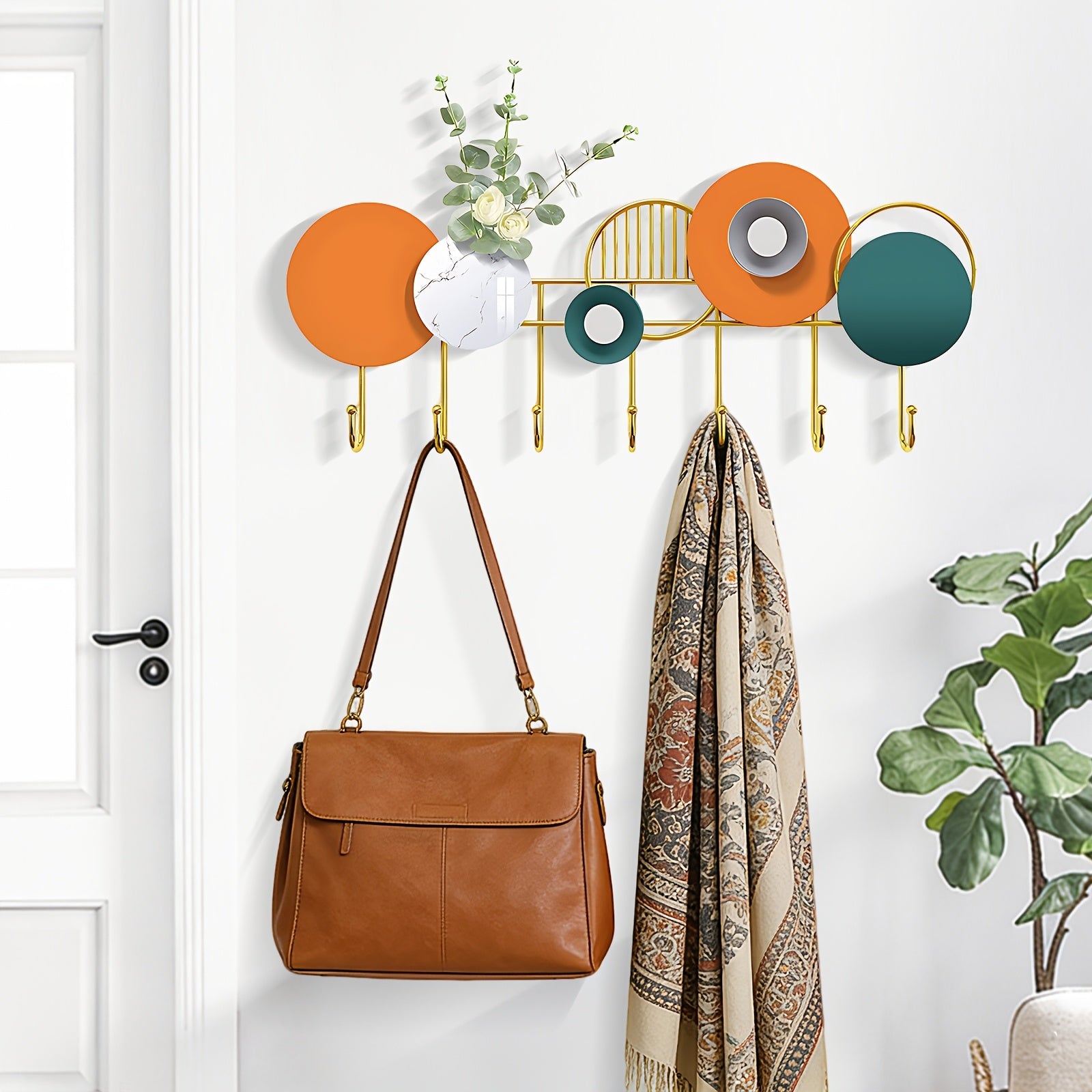 Geometric Colorful Wall Coat Rack with Metal Hooks - Entryway & Living Room Decorative Storage Organizer, Multifunctional Stylish Wall Hanger for Coats, Scarves, Bags- Thanksgiving, Valentine's Day, Cinco De Mayo with Flowers