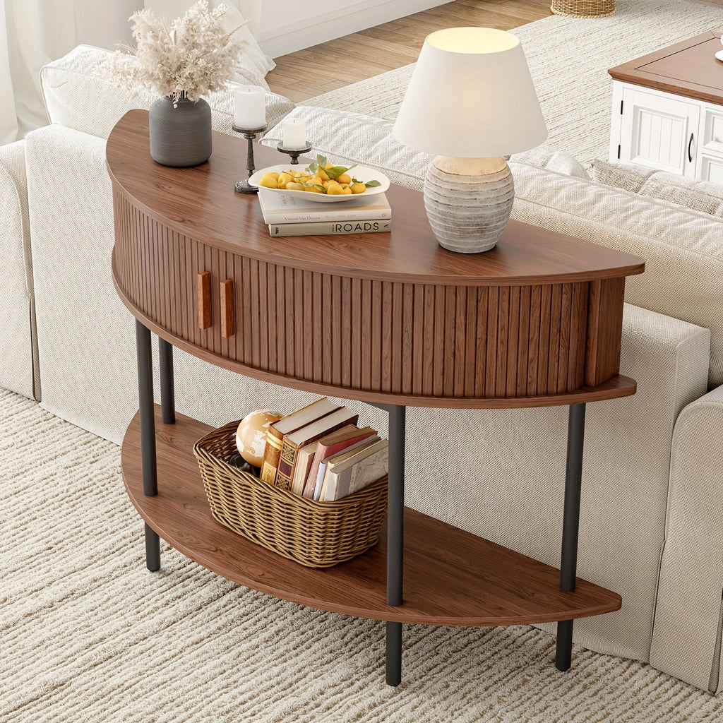 Half Fluted Console Table | Mid-Century Modern Style, Entryway Table with Storage, Behind Couch Table, Suitable for Entryway, Hallway, Living Room, Small Spaces, Walnut\u002FBlack, Made of Hardwood by PAZCASA