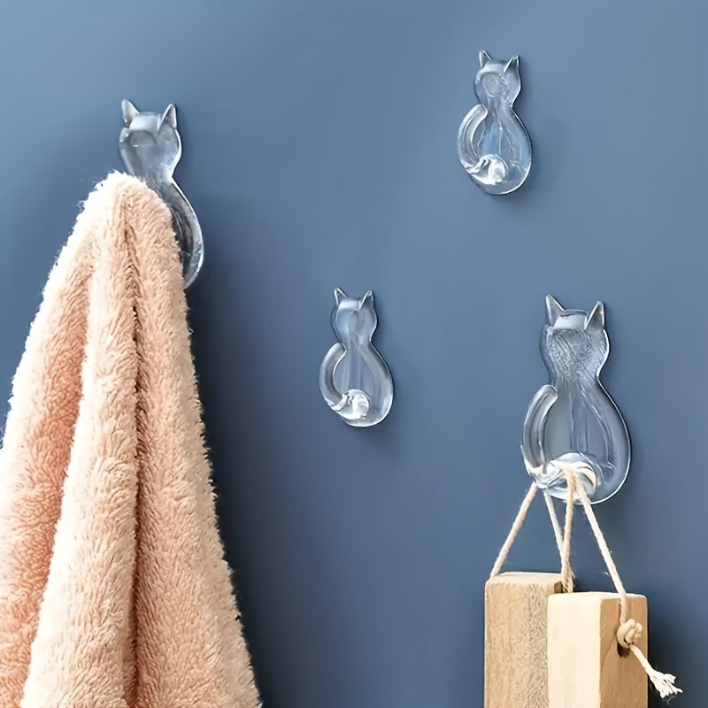 10pcs Cat Tail Sticky Hooks Wall Mounted - Transparent Waterproof No-Drill Adhesive Hooks with Cute Cartoon Cat Design, Space-Saving Organizer for Entryway, Bathroom, Bedroom, Dorm