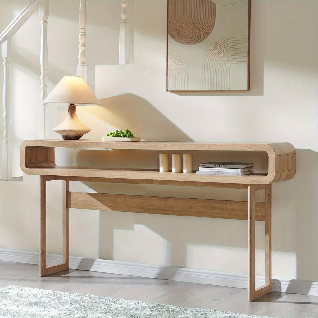 63-Inch Long Console Table, Modern Wooden Entryway Table with Open Storage Shelf and Curved Design - Suitable for Living Room, Hallway, and Foyer