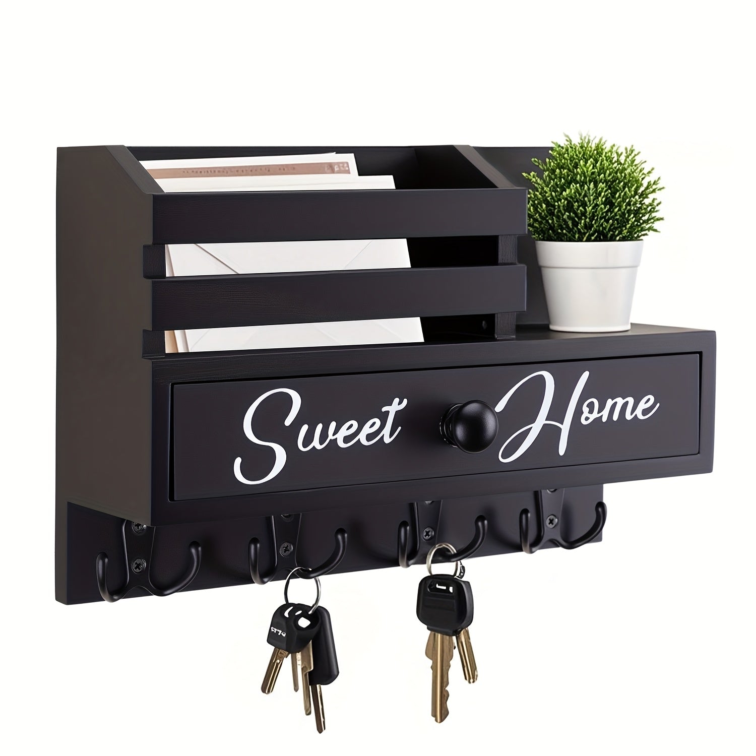 Key And Mail Holder Wall Mount with 8 Hooks & Storage Drawer - Wooden Adhesive Organizer for Entryway, Kitchen, Hallway, Garage, Mudroom, Office - Easy Installation Home Decor
