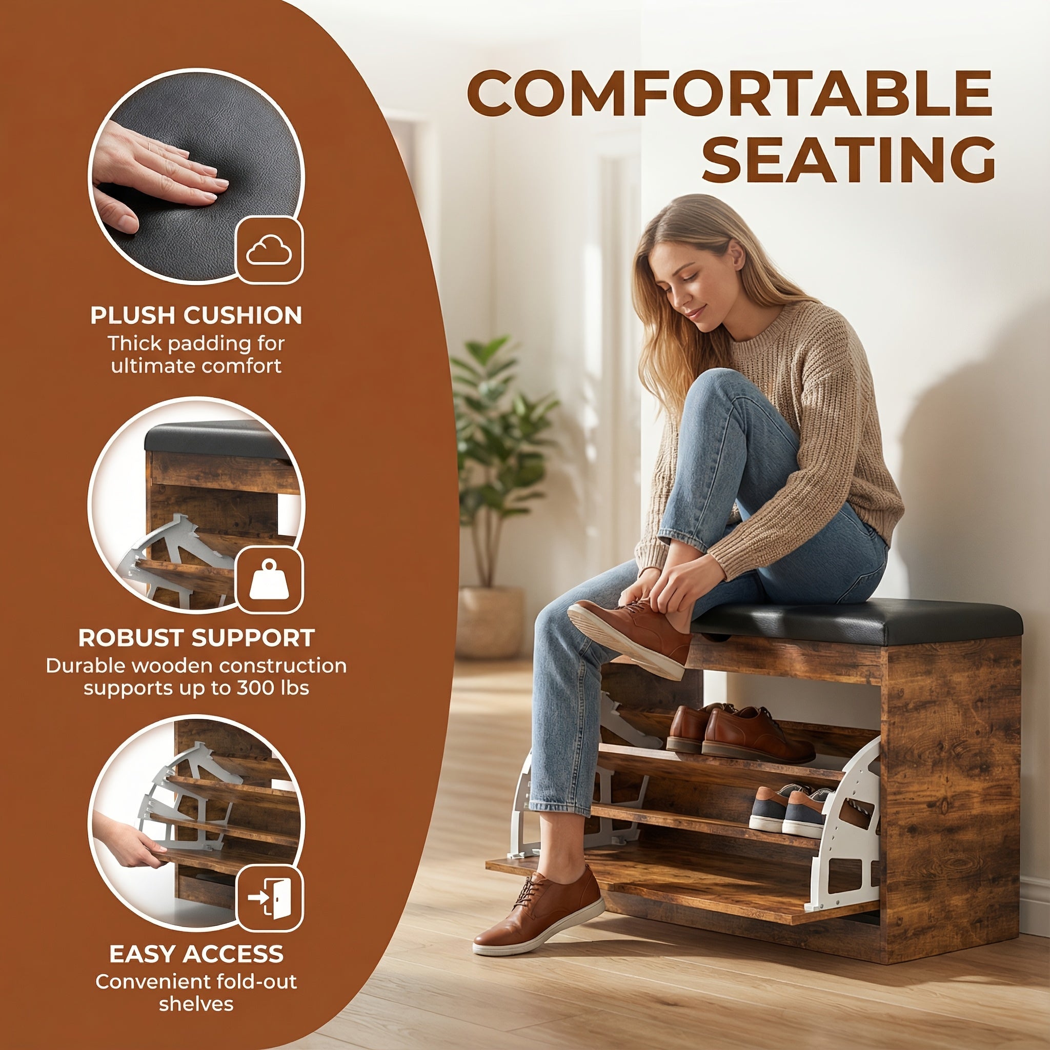 Storage Bench Entryway with Cushion, Shoe Rack Bench with Storage with 3-Tier Flip Drawer, Shoe Cabinet Organizer with Hidden Space for Hallway Mudroom