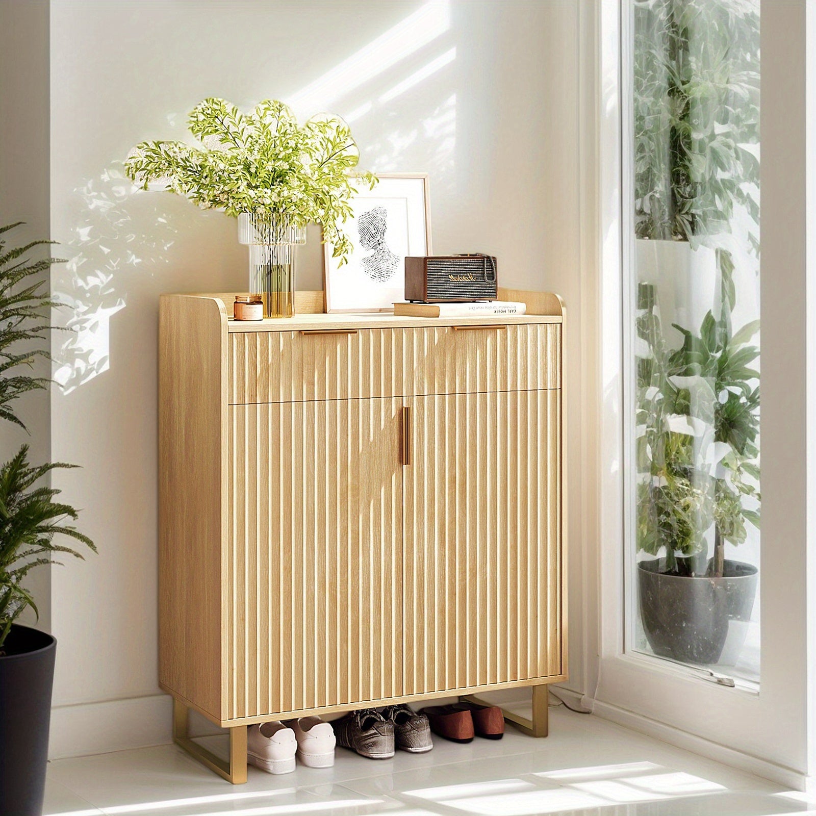 Bonnlo 4-Tier Large Shoe Storage Cabinet with Adjustable Shelves & Drawer, Freestanding Shoe Organizer with Doors - Sturdy Hardwood Construction, Golden Metal Legs, Classic Modern Design with Doors & Golden Frame, Space-Saving Shoe Rack for Entryway