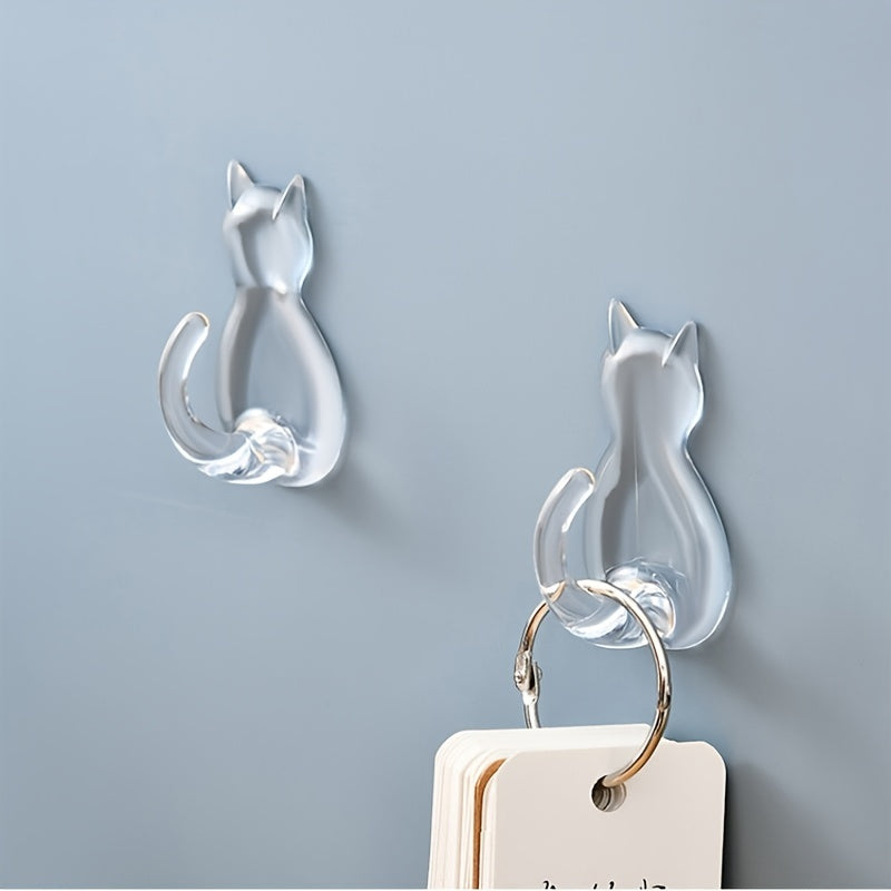 10pcs Cat Tail Sticky Hooks Wall Mounted - Transparent Waterproof No-Drill Adhesive Hooks with Cute Cartoon Cat Design, Space-Saving Organizer for Entryway, Bathroom, Bedroom, Dorm