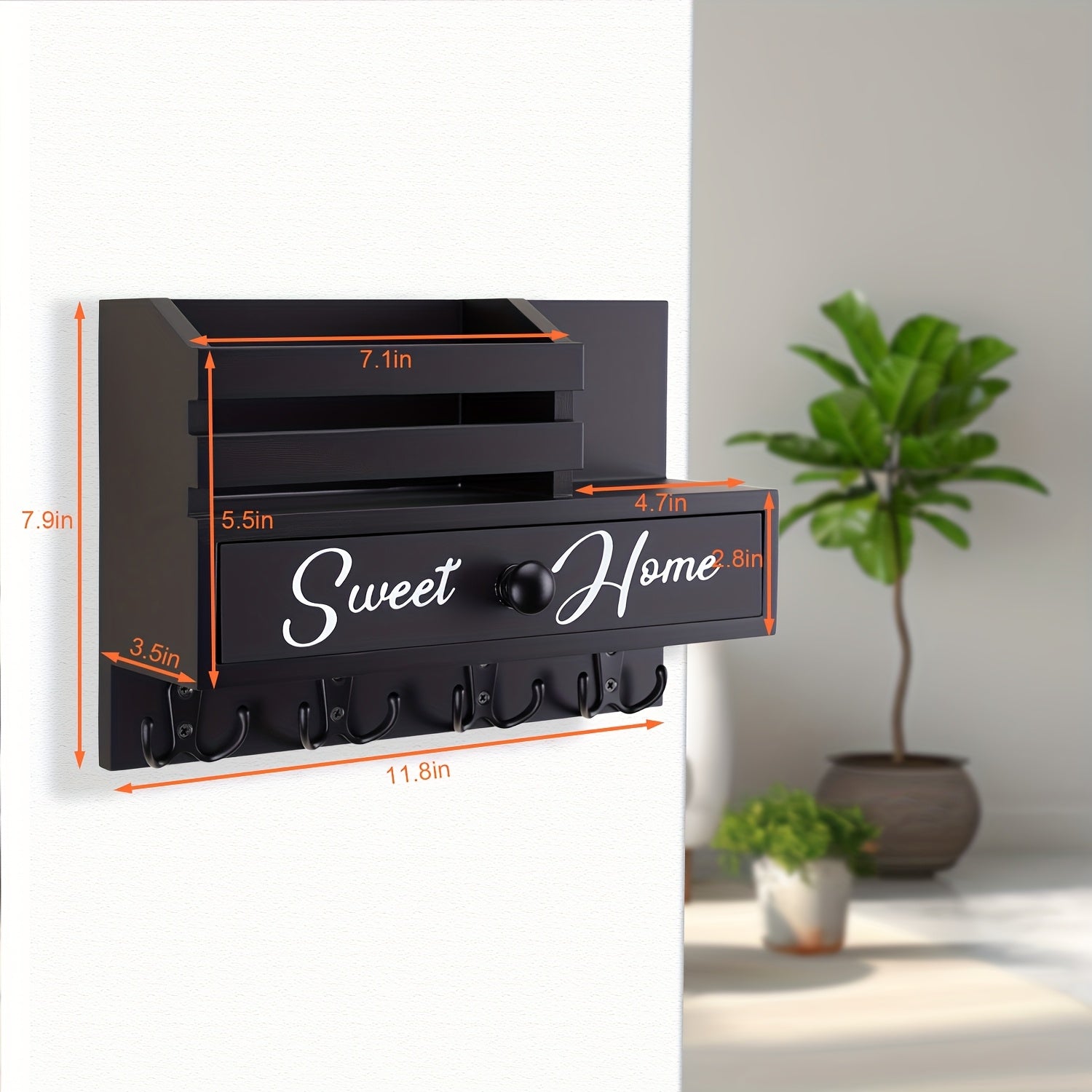 Key And Mail Holder Wall Mount with 8 Hooks & Storage Drawer - Wooden Adhesive Organizer for Entryway, Kitchen, Hallway, Garage, Mudroom, Office - Easy Installation Home Decor