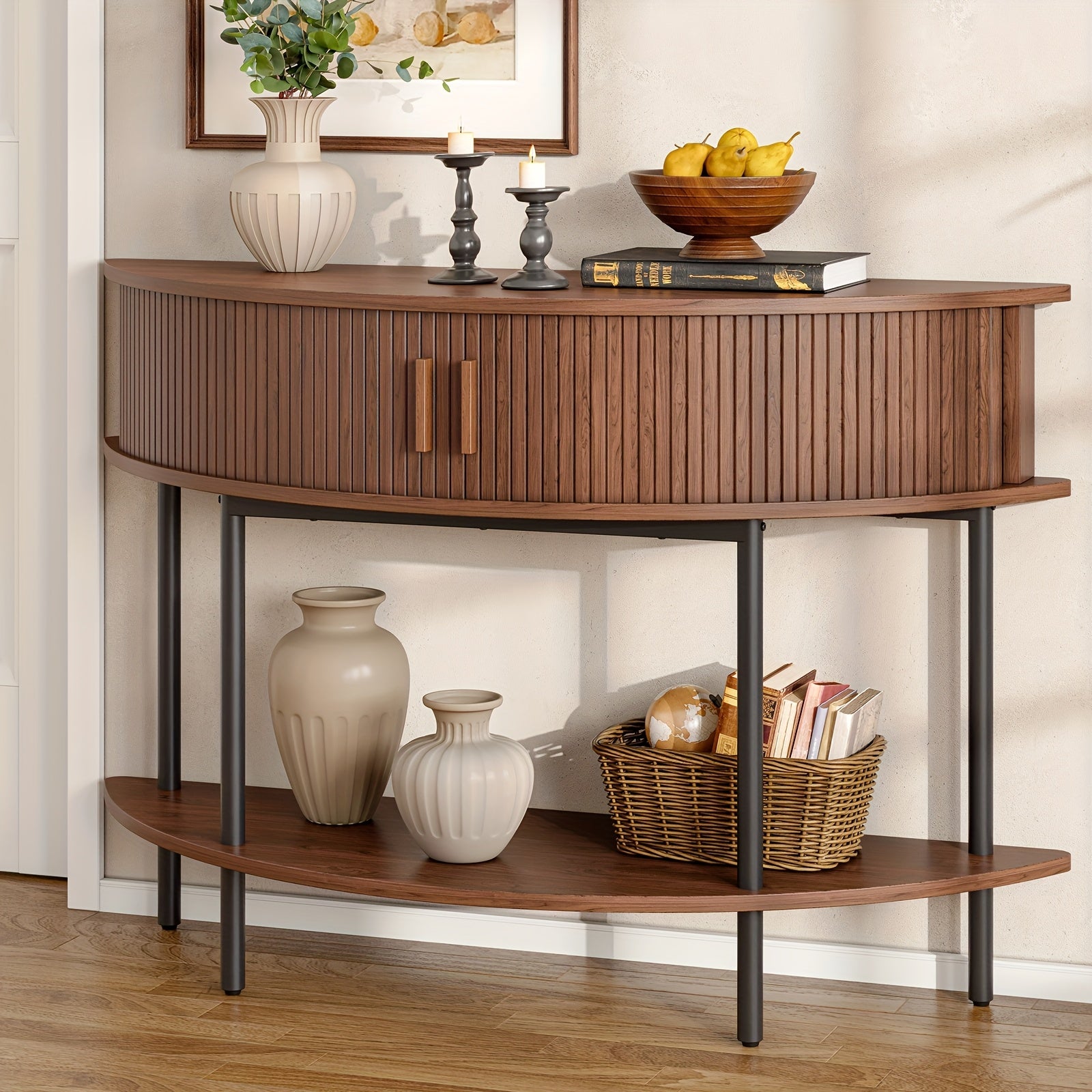 Half Fluted Console Table | Mid-Century Modern Style, Entryway Table with Storage, Behind Couch Table, Suitable for Entryway, Hallway, Living Room, Small Spaces, Walnut\u002FBlack, Made of Hardwood by PAZCASA