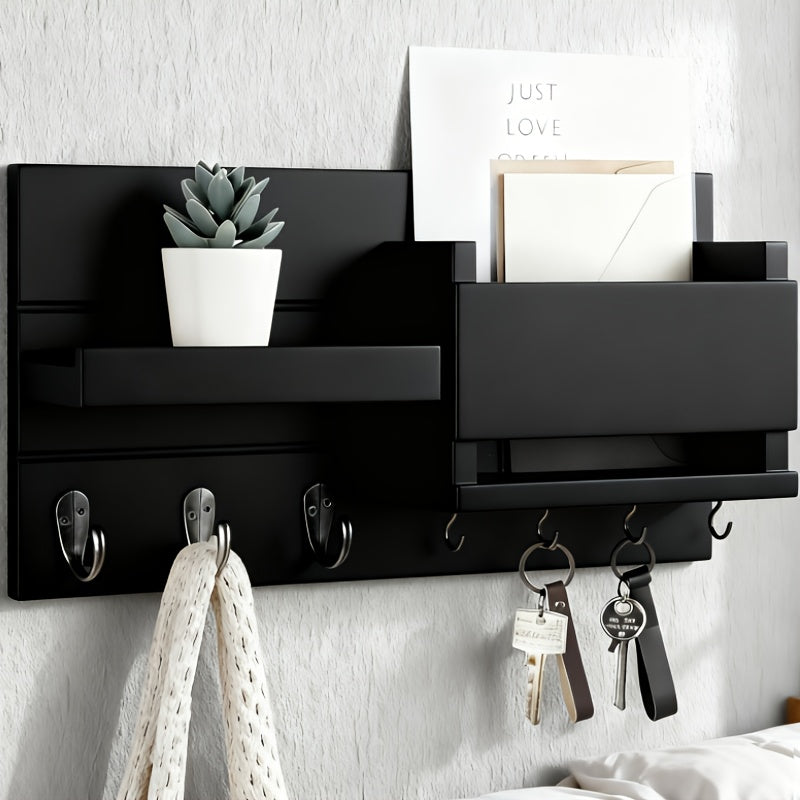 Rustic Wood Wall Mounted Storage Rack with Mailbox Slot - Door Handles And Decorative Hanging for Porch, Bedroom, Bathroom, Living Room with Multiple Hooks for Keys, Hats, Envelopes, Books, Floating Shelf
