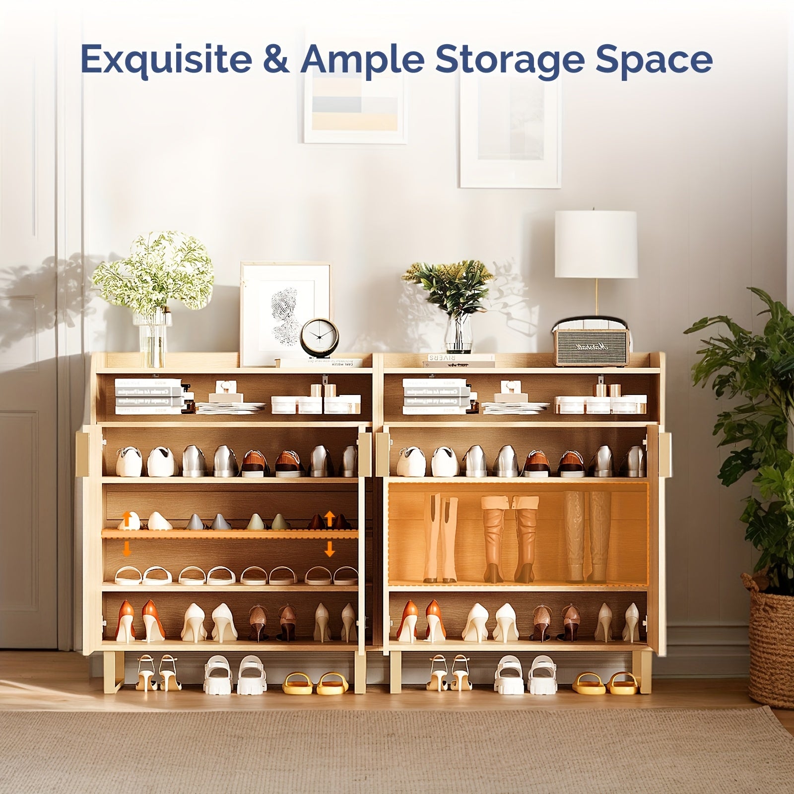 Bonnlo 4-Tier Large Shoe Storage Cabinet with Adjustable Shelves & Drawer, Freestanding Shoe Organizer with Doors - Sturdy Hardwood Construction, Golden Metal Legs, Classic Modern Design with Doors & Golden Frame, Space-Saving Shoe Rack for Entryway