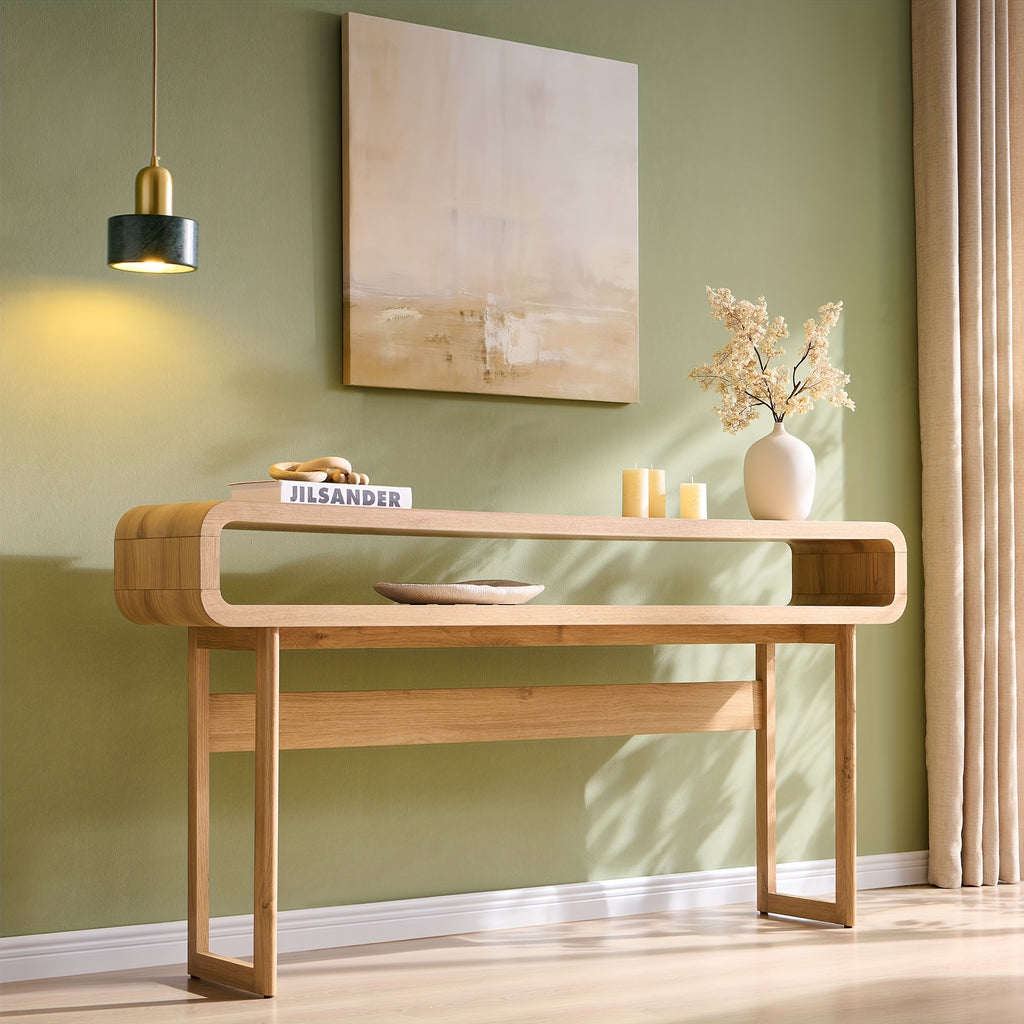 63-Inch Long Console Table, Modern Wooden Entryway Table with Open Storage Shelf and Curved Design - Suitable for Living Room, Hallway, and Foyer