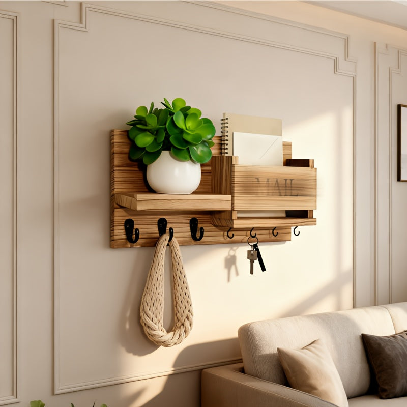 A Wooden Wall-Mounted Key Holder with a Mail Storage Box, Storage Rack, Wall Rack, Wall-Hanging Coat Hook, Folding Hanging Storage Rack, Solid Wood Clothes Hanger, Coat Rack, Bedroom, Foyer, Mud Room, Aesthetic Room Decoration