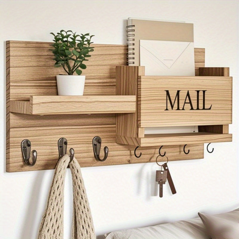 A Wooden Wall-Mounted Key Holder with a Mail Storage Box, Storage Rack, Wall Rack, Wall-Hanging Coat Hook, Folding Hanging Storage Rack, Solid Wood Clothes Hanger, Coat Rack, Bedroom, Foyer, Mud Room, Aesthetic Room Decoration